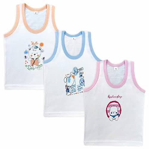 |Kids and BEBS| Cotton Baniyan Wear-Regular Fit, Sleeveless, Printed Sandos for Girls, Boys and Kids(4 years-5years) (Sleeve colour - Cream, Blue, Pink) on Sale