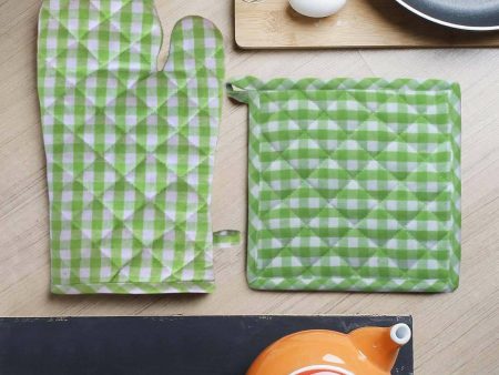 Lushomes oven gloves pot holder Combo, Green Small Checks microwave gloves & pot holder for kitchen, oven mitts Sale