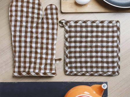 Lushomes oven gloves pot holder Combo, Brown Small Checks microwave gloves & pot holder for kitchen, oven mitts Discount