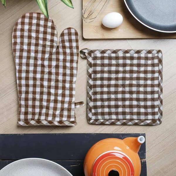 Lushomes oven gloves pot holder Combo, Brown Small Checks microwave gloves & pot holder for kitchen, oven mitts Discount