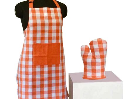 Lushomes Orange Checks Kitchen Apron Set for Women: 2-Piece, Includes 17x32 cm Oven Glove & 60x80 cm Apron Hot on Sale