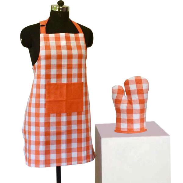 Lushomes Orange Checks Kitchen Apron Set for Women: 2-Piece, Includes 17x32 cm Oven Glove & 60x80 cm Apron Hot on Sale